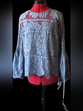 Adiva Pale Blue Lace Floral Bell-Sleeve Blouse